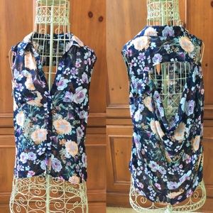 🌸 Draped Open Back Floral Navy Blouse